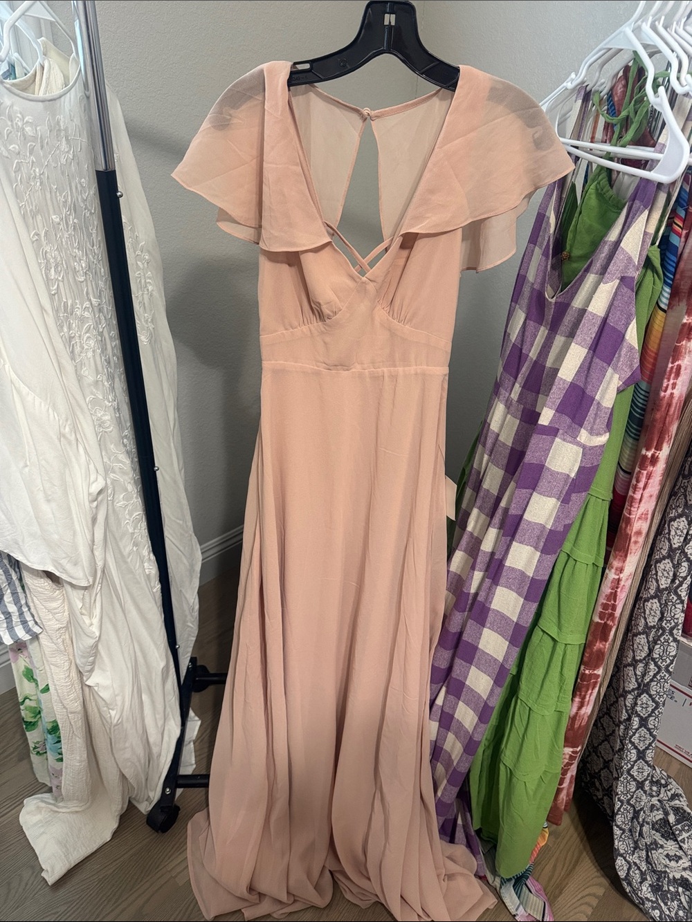 Lulu's Blush Peach Ruffled-Shoulder Maxi Dress